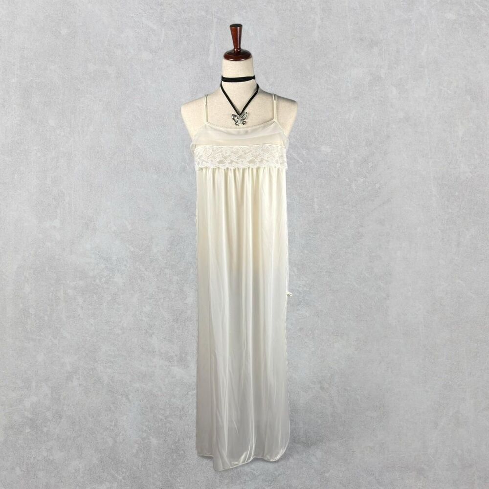 Vintage 80s Sheer Ivory Lace Maxi Slipdress